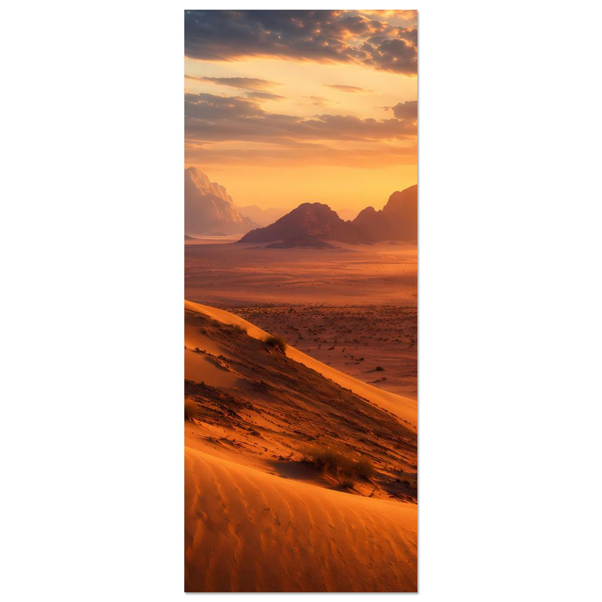 Wüstenlandschafts-Poster im Hochformat mit Sanddünen, Felskuppen und Sonnenuntergang