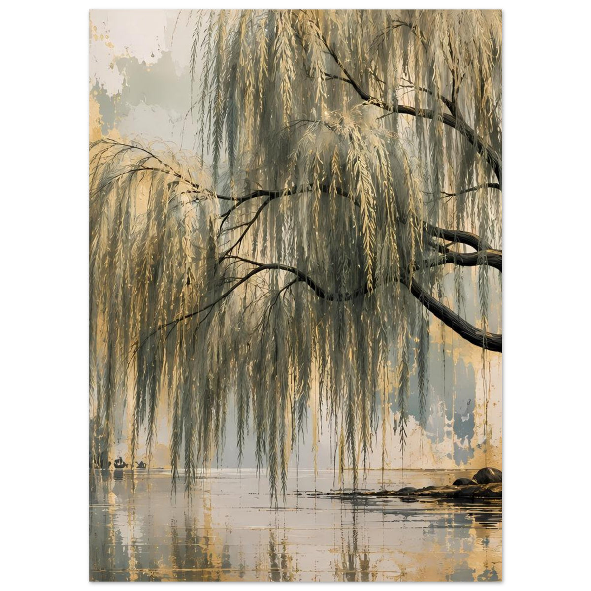 Poster mit Weiden am Ufer, dunkle Zweige über Wasser, warme Gold- und Blautöne