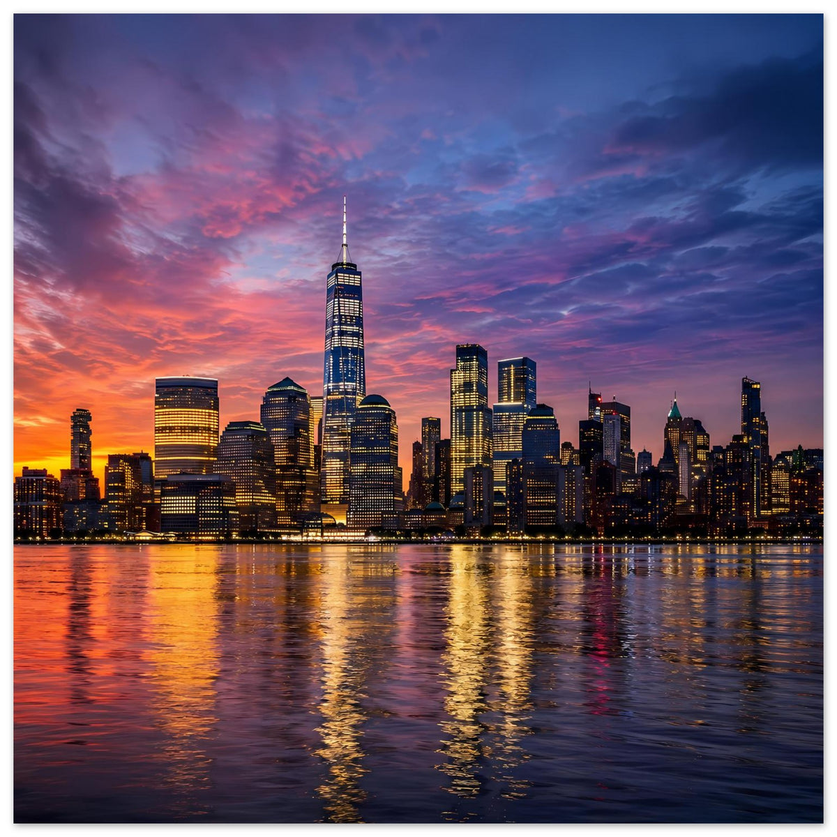 Stadtposter New-York-Skyline bei Dämmerung, ruhiger Fluss mit Lichtreflexen