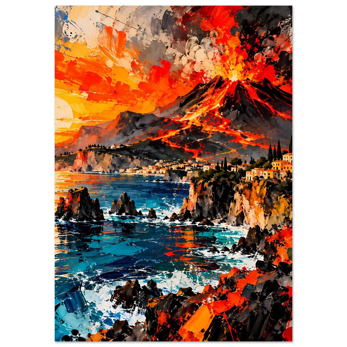 Hochformat-Poster: Vulkanausbruch über Küste, kontrastreiche Rot-Orange-Flammen und Blau