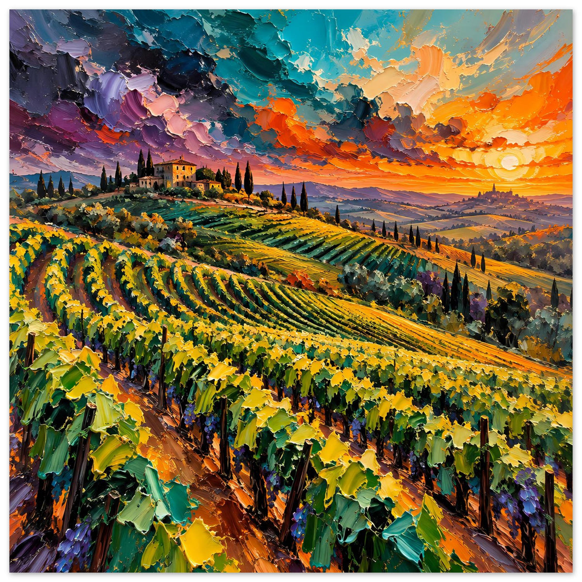 Landschaftsposter mit Weinbergen im Abendlicht, tiefgrüne Reben und orangefarbener Himmel
