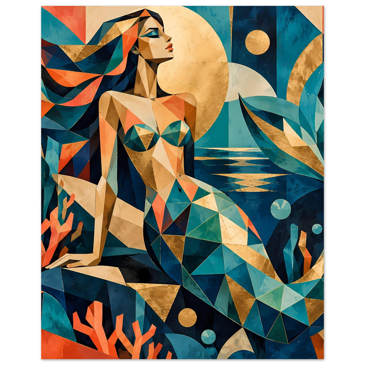 Kunstposter mit geometrischer Meerjungfrau in Türkis- und Koralltönen, vertikal