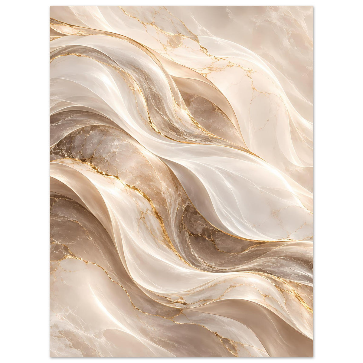 Abstraktes Wellen-Poster mit fließenden Bändern in Creme, Gold und dunklem Braun
