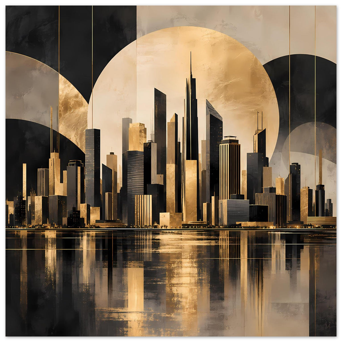 Wandposter Skyline in Gold und Schwarz, runde Hintergrundform mit Spiegelung
