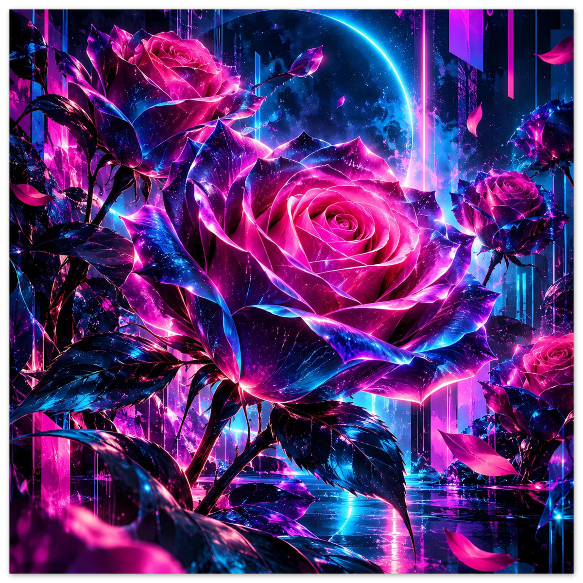 Kunstposter mit Neonrose und umgebenden Blumen, Pink-Blau Farbexplosion