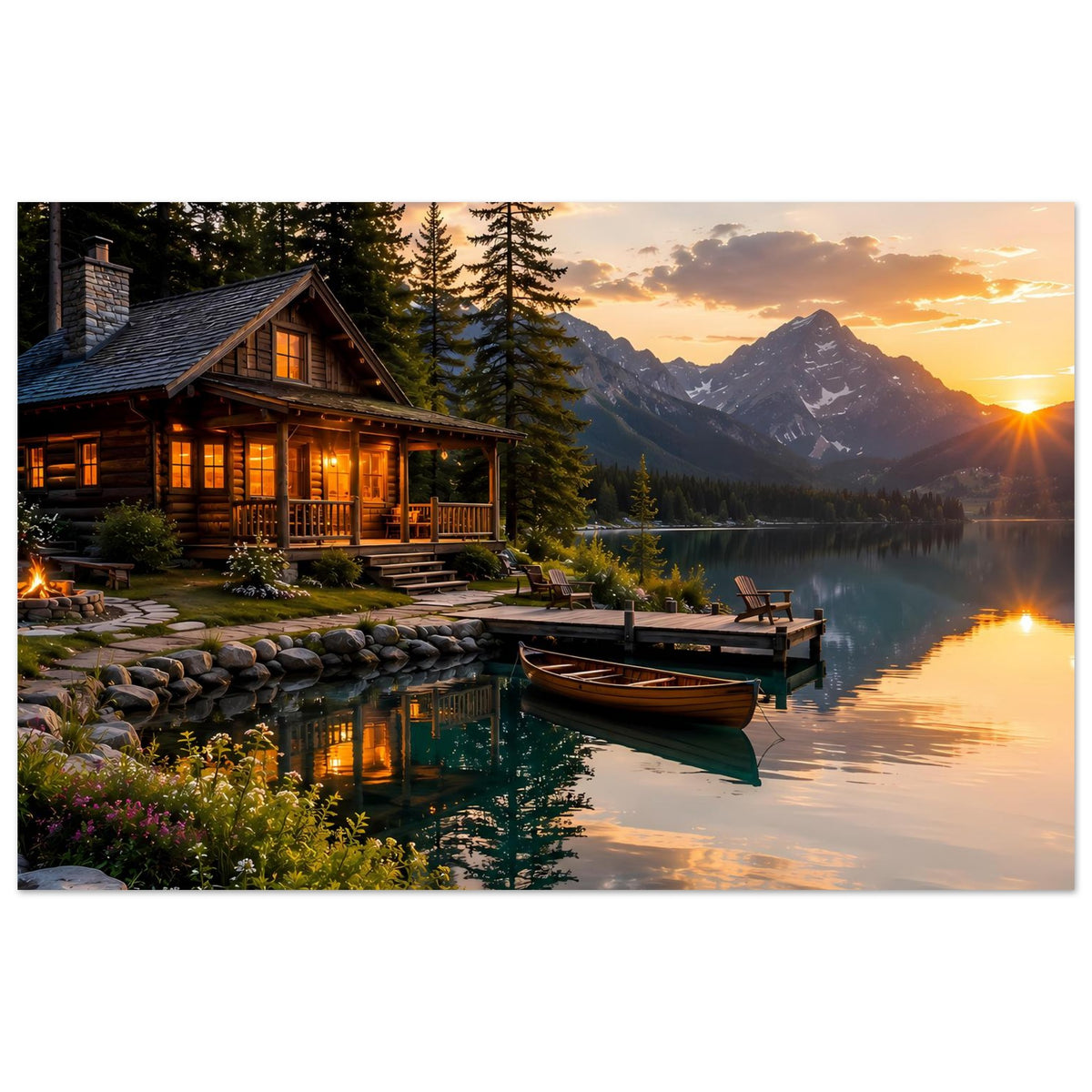 Breites Poster mit Blockhütte am ruhigen See, Steg und Sonnenuntergangsstimmung