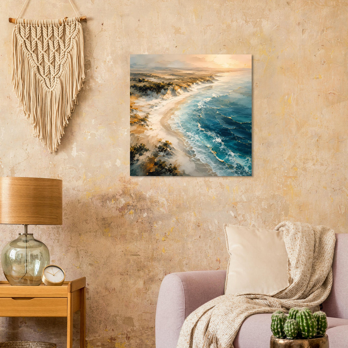 Meerstrand-Poster: Sandküste, türkisblaues Meer und goldener Sonnenuntergang