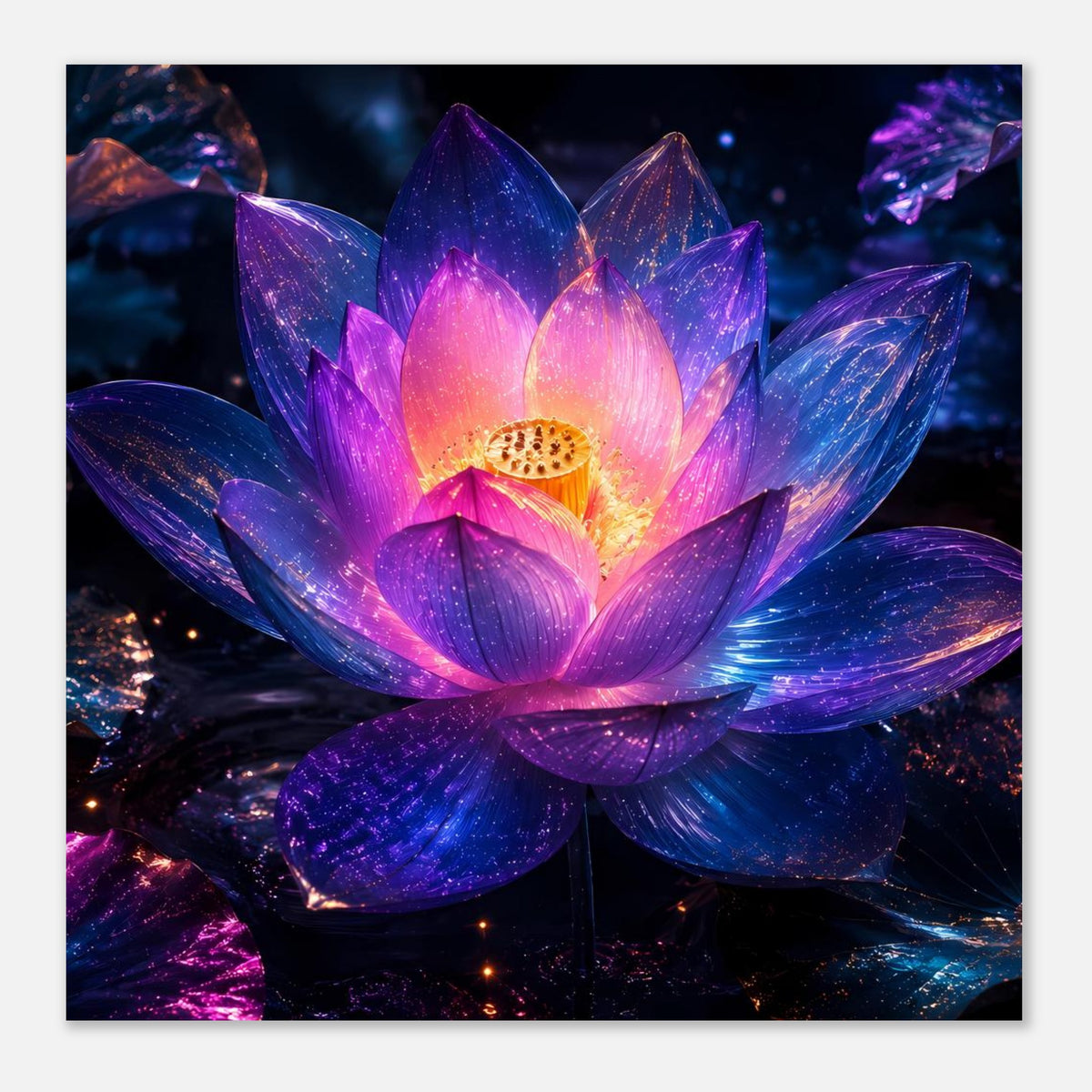 Poster mit Lotusblume, kräftige Violett- und Blautöne, leuchtender goldener Blütenkern