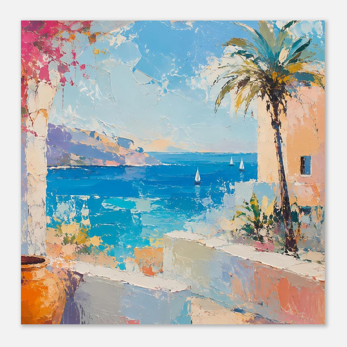 Sommerposter in Nahansicht: Palme rechts, Segelboote und blaue See