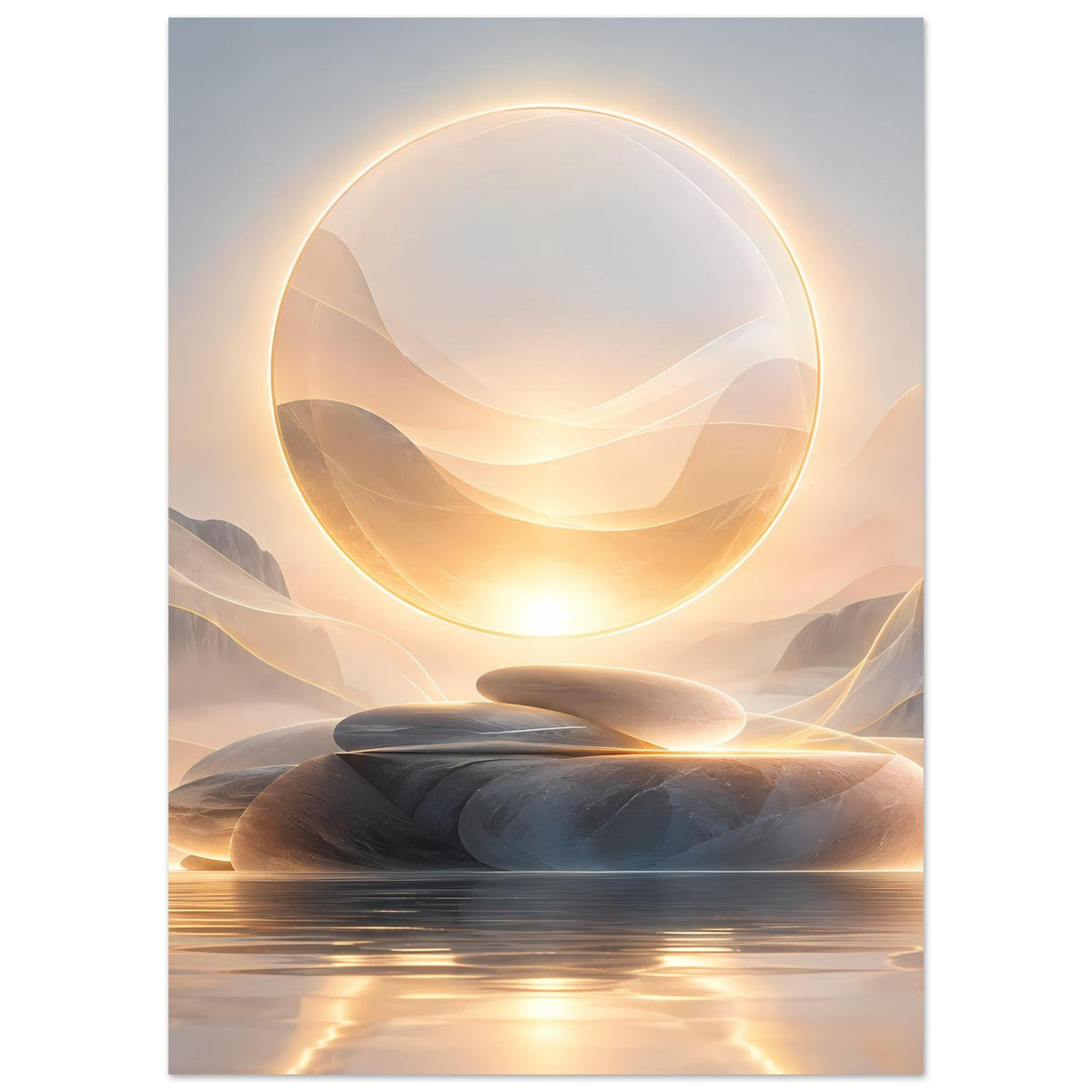 Abstraktes Poster im Hochformat: goldener Ring über hellen Wellen und dunklen Steinen mit Reflexen