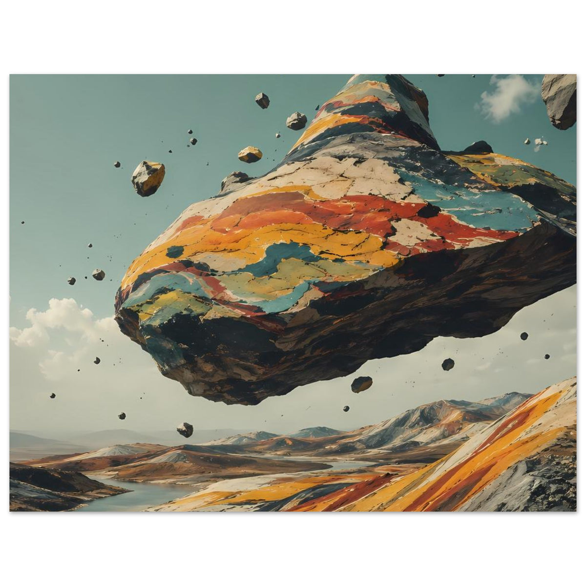 Horizontales Poster mit schwebendem Berg, Erdtöne und umherfliegende Steine