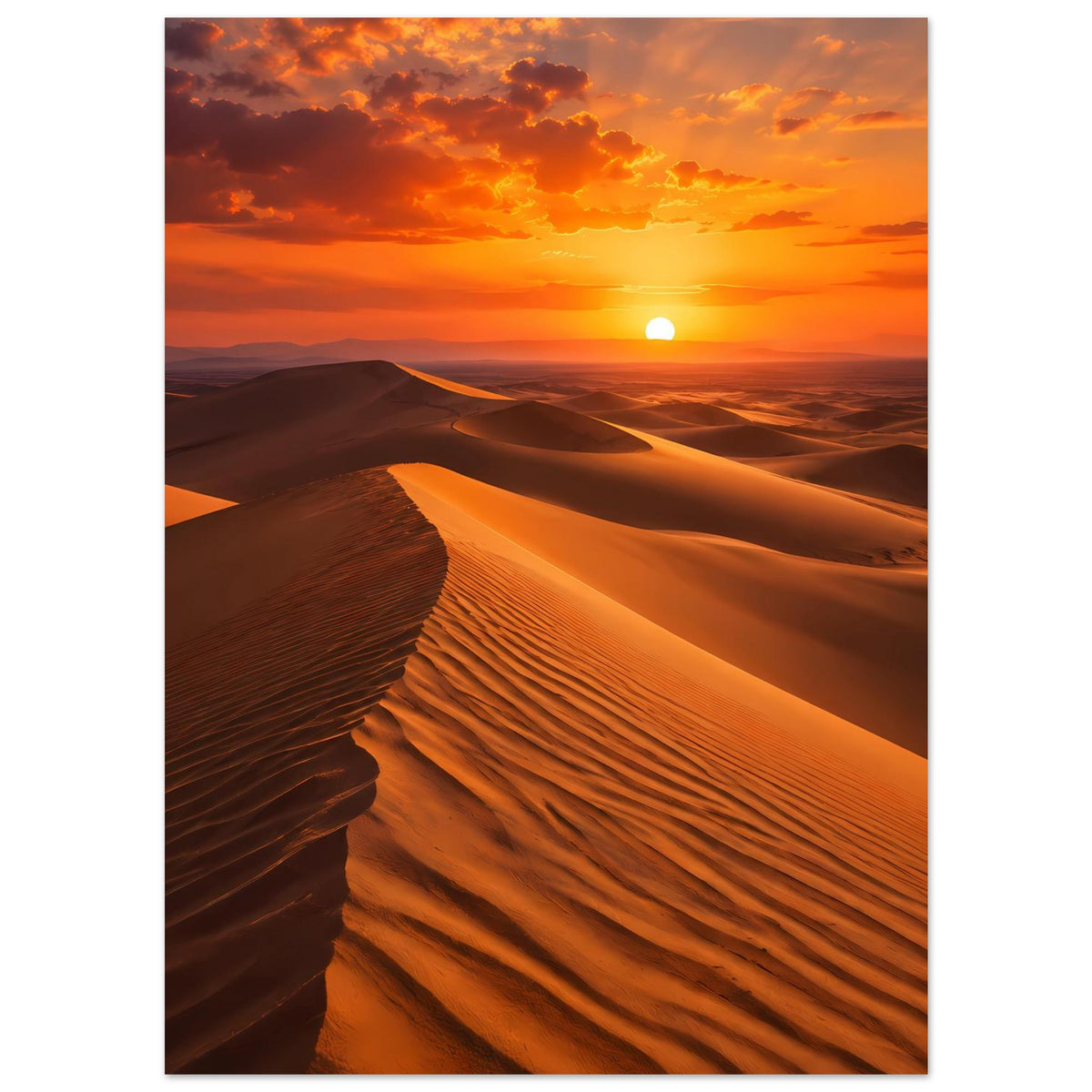 Poster mit Sonnenuntergang über Wüsten-Dünen, warme Orange-Töne, vertikales Motiv