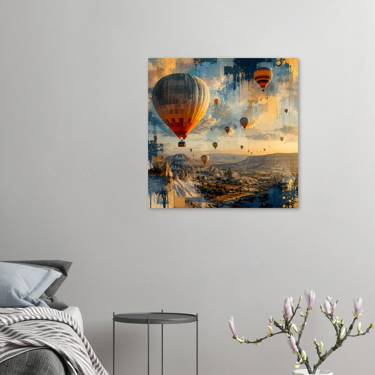 Heißluftballon-Poster mit Himmel-Landschaft, Blau und Orange, abstrakte Farbflächen