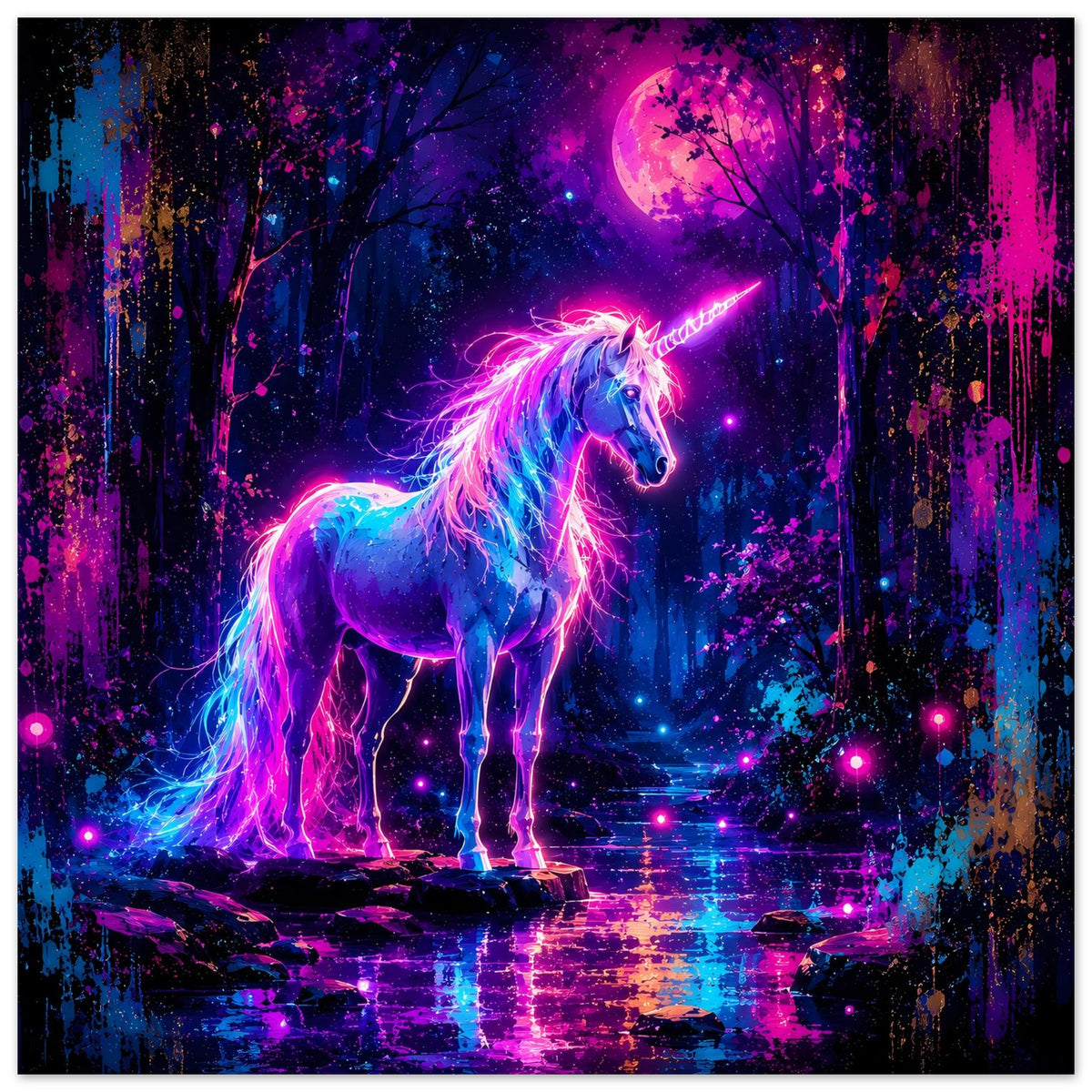 Neon-Einhorn-Poster mit leuchtender Mähne: Einhorn blickt seitlich vor warmem Vollmondhintergrund