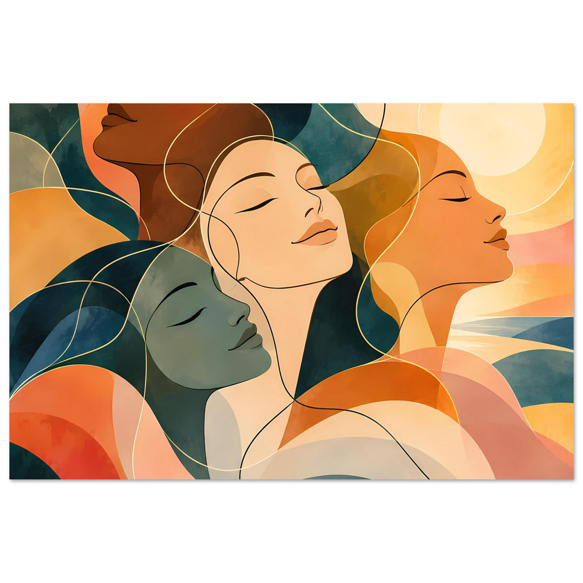 Kunstposter im Querformat mit abstrakten Frauenprofilen in Orange, Braun und Blau