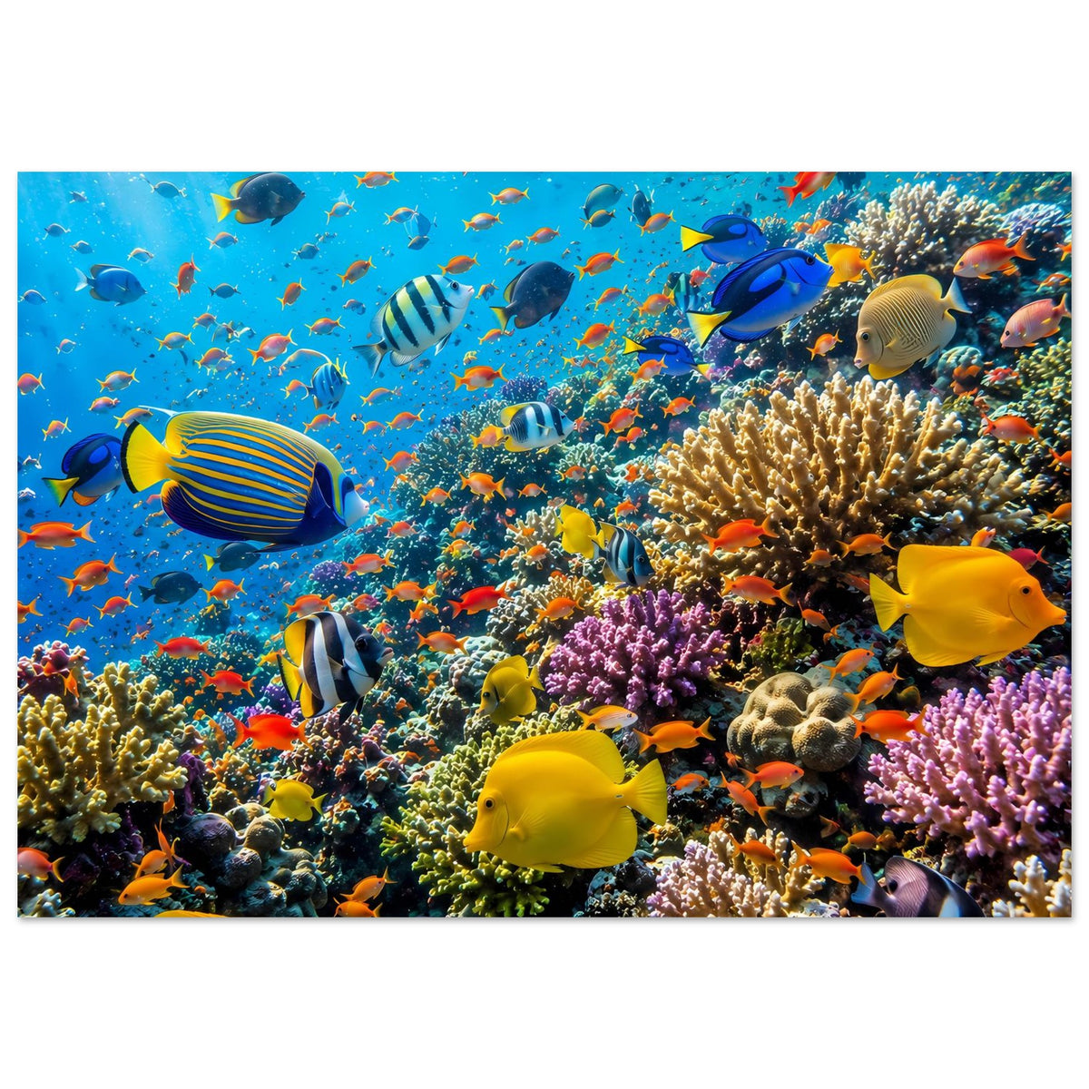 Panorameposter mit Korallenriff, großen gelben Fischen und bunten Schwarmfischen