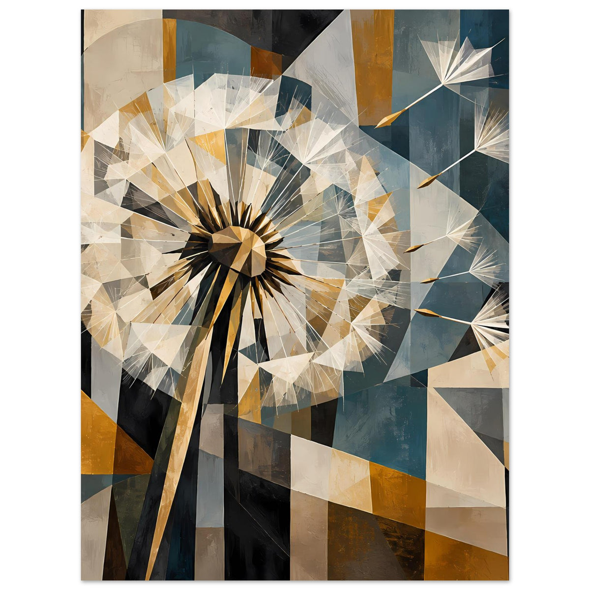 Vertikales Pusteblumen-Poster mit geometrischen Dreiecken, gold-, blau- und beigetöne Details