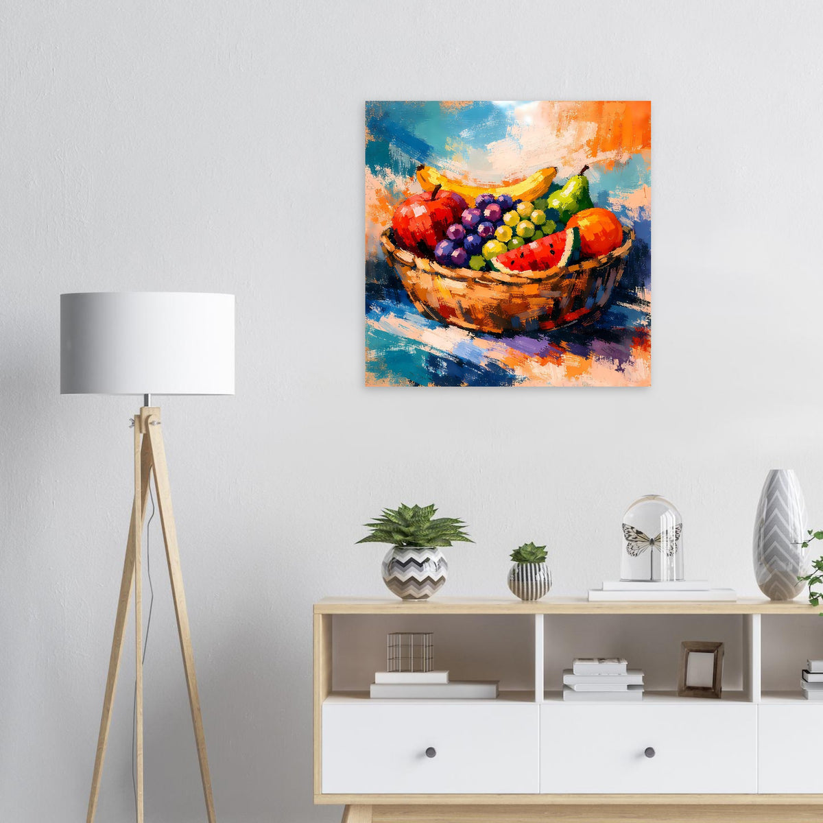 Poster mit Früchtekorb-Malerei, bunte Beeren in einer braunen Schale