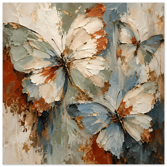 Kunstposter mit drei abstrakten Schmetterlingen in Creme-, Blau- und Rosttönen.