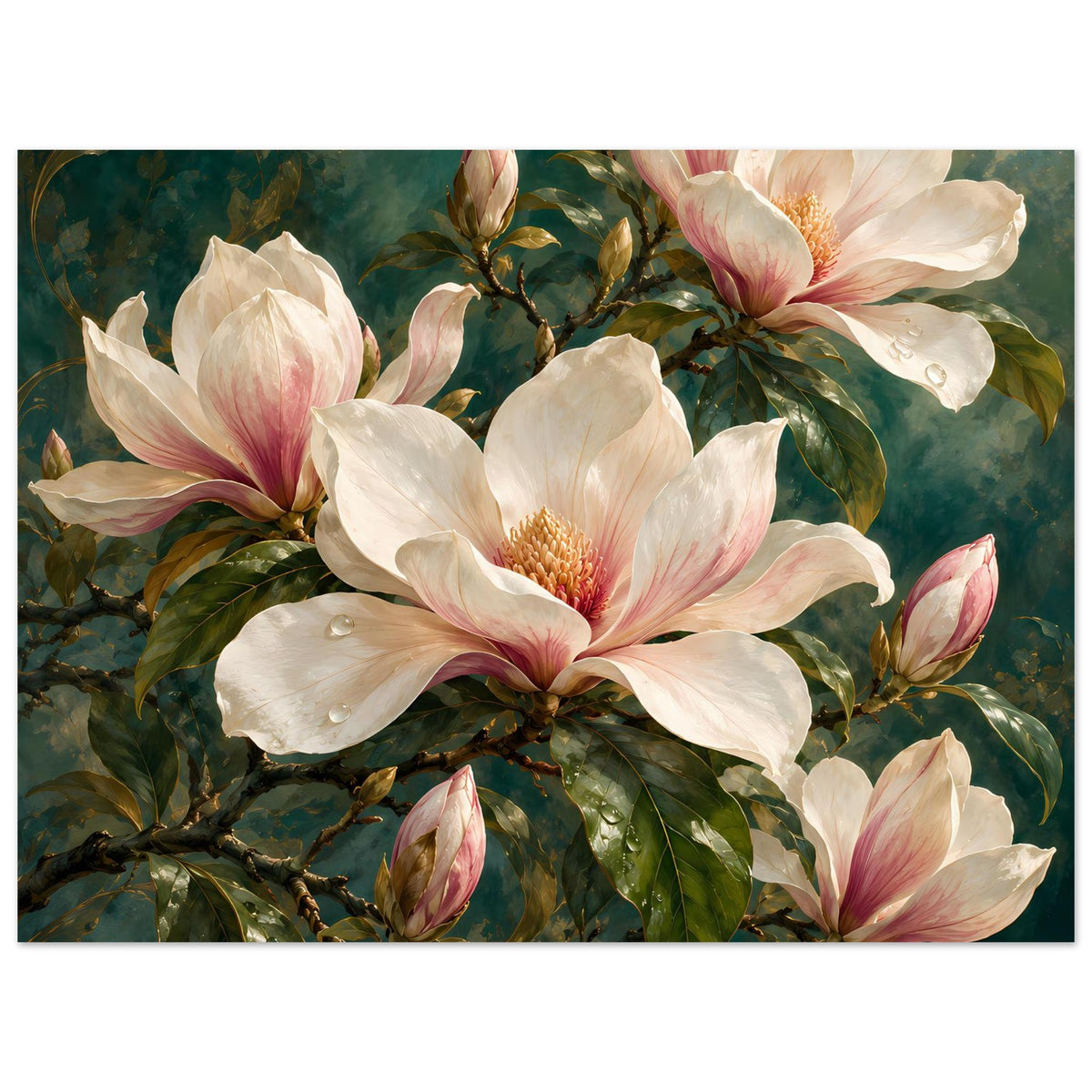 Floralposter mit großen Magnolien in Creme und Rosa, zarte Blüten im Detail, gerahmt
