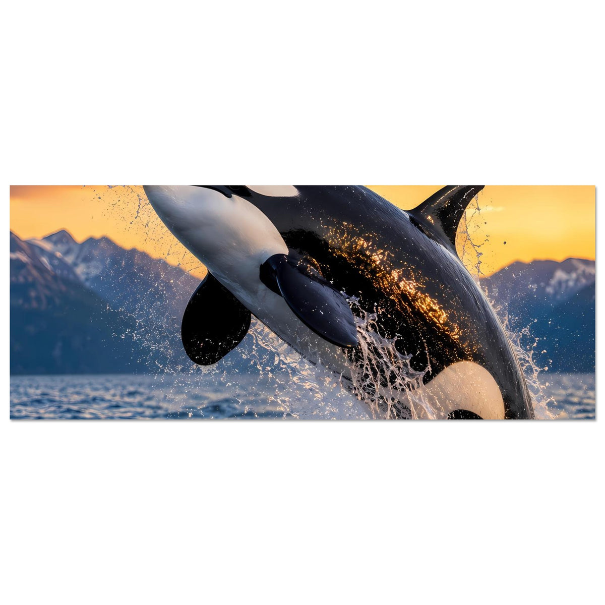 Horizontales Poster mit Orca, angeschnitten von der Seite, mit Spritzwasser und Flossen.