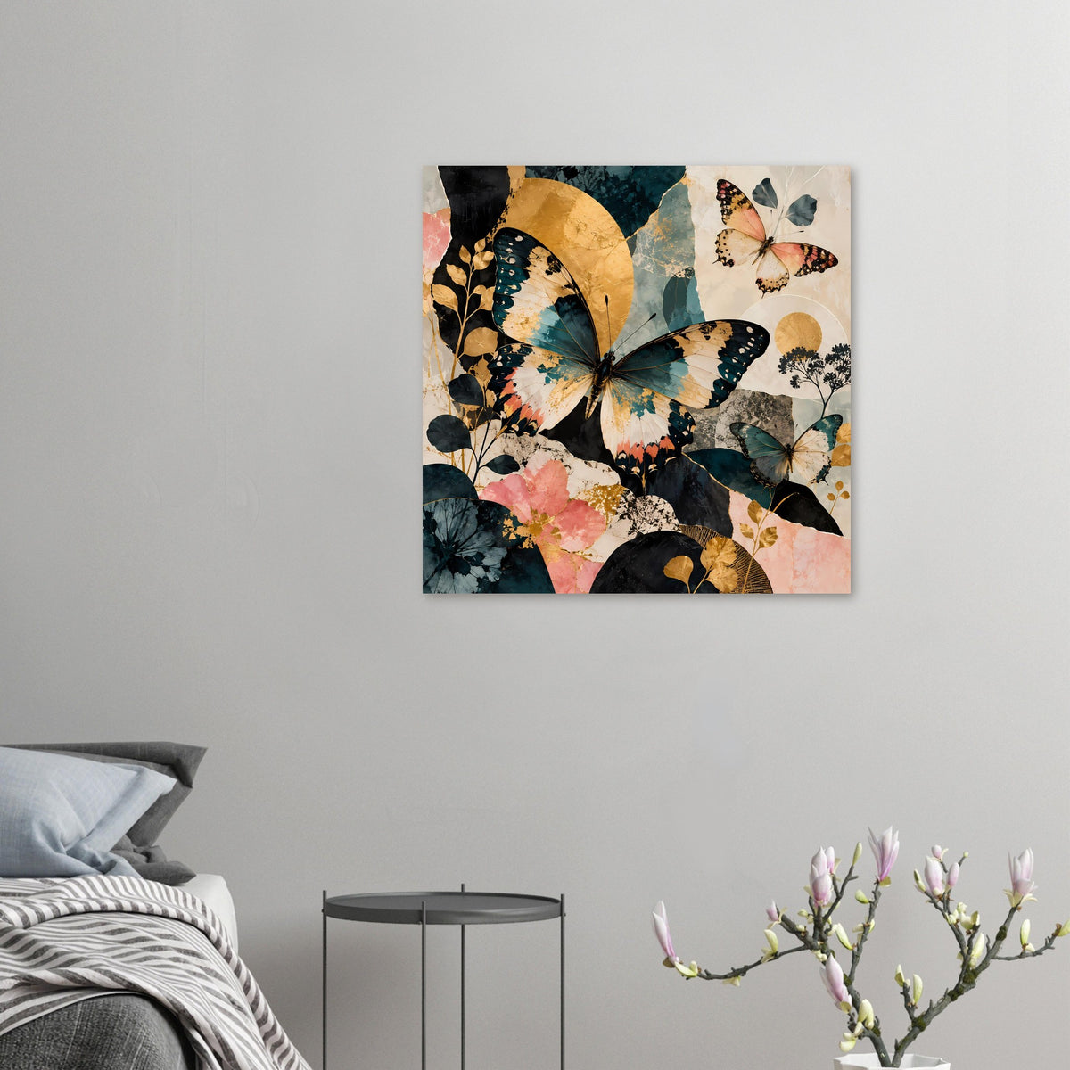 Kleines Kunstposter mit Schmetterlingen in Türkis, Gold und Pfirsich, abstrakten Blüten und Blättern
