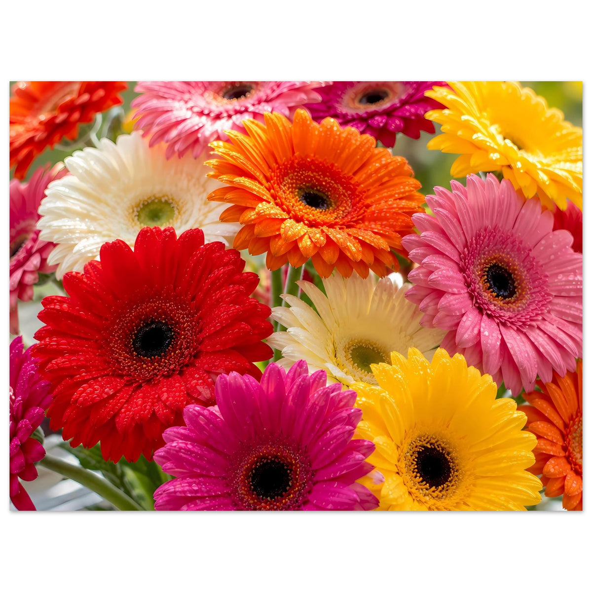 Gerbera-Blumenposter, starkes Close-up der Gerbera-Blüten in Rot, Orange, Pink und Gelb