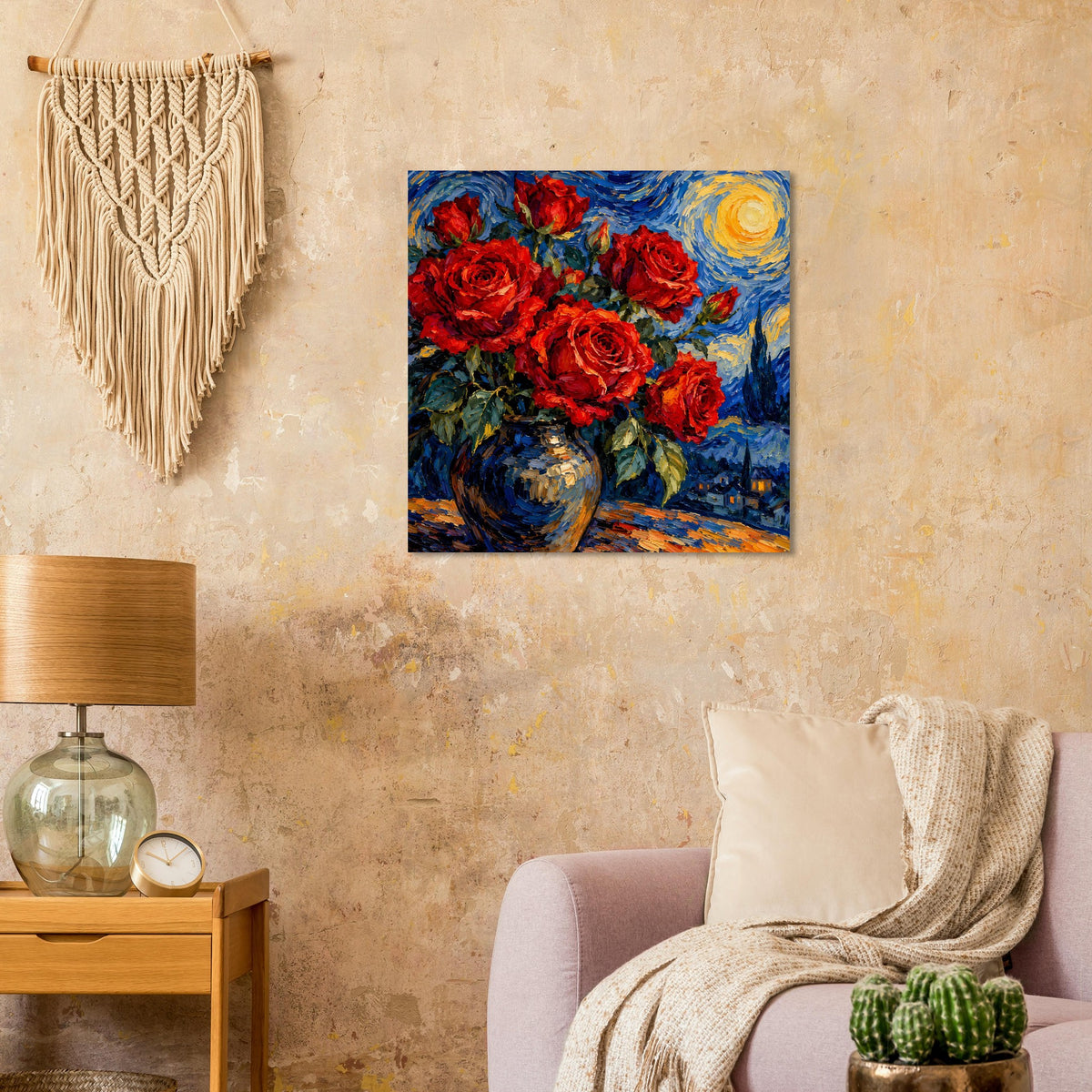Quadratisches Poster mit roten Rosen im blauen Vase-Motiv und gelbem Sternenwirbel