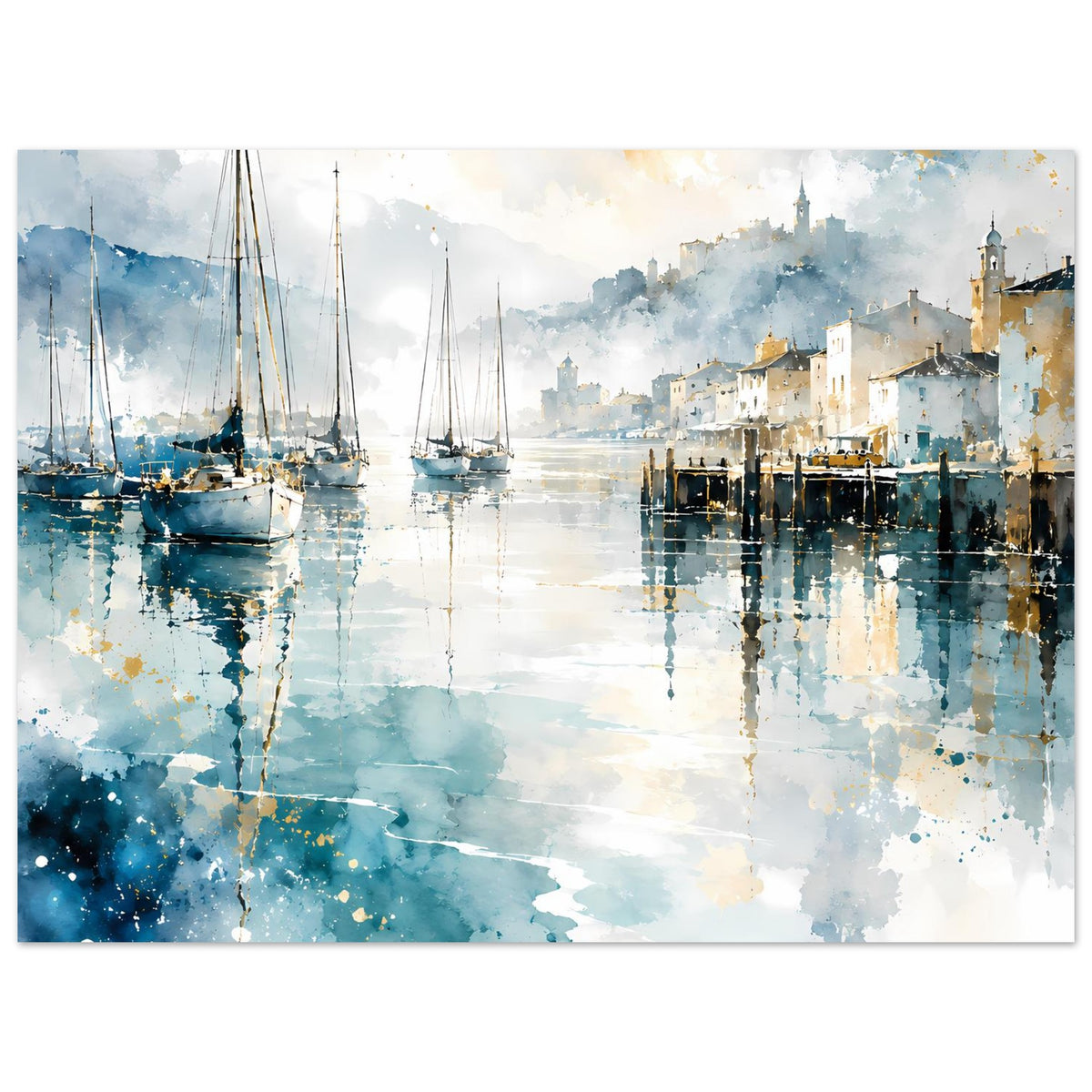 Aquarellposter im Querformat mit Segelbooten, Docks und türkis-blauen Spritzern