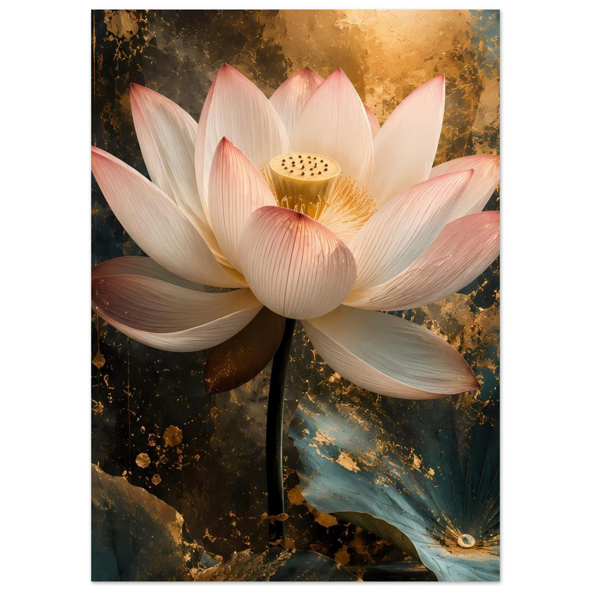 Poster mit weißer Lotusblüte und goldener Blütenmitte, rosa Akzenten, komplett sichtbar.