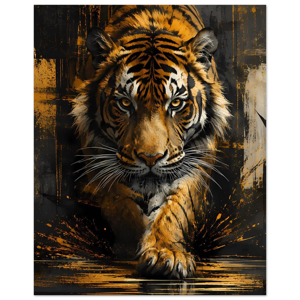 Tiger-Poster im Rahmen: Nahporträt mit goldgelben Augen und schwarzen Streifen