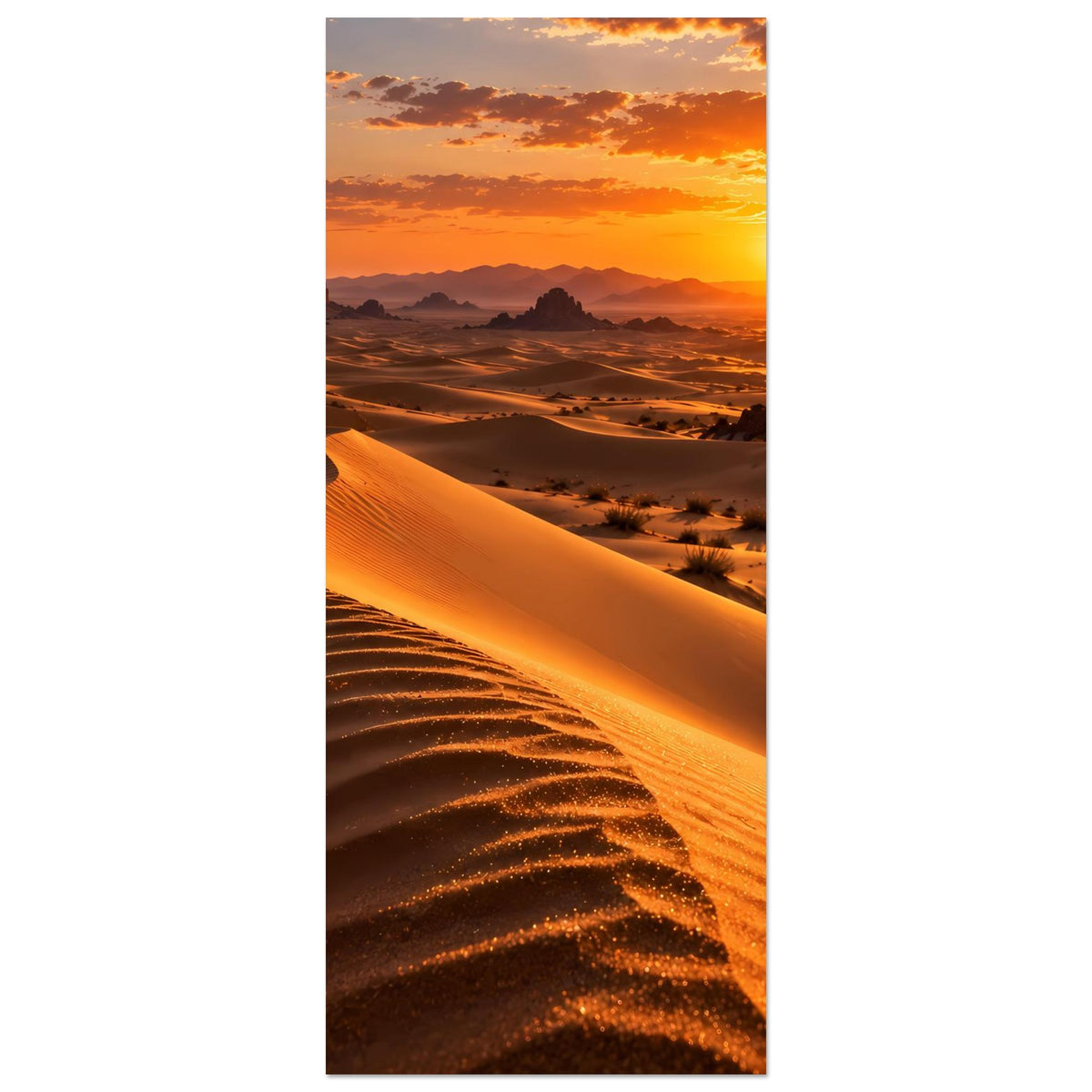 Poster im Hochformat: Wüste bei Sonnenuntergang mit Sanddünen und untergehender Sonne