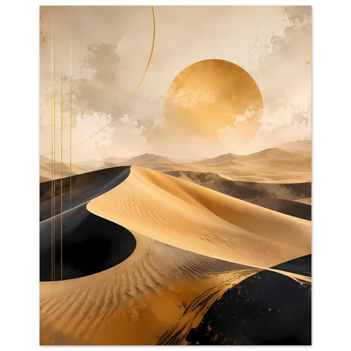 Wüstenposter mit goldener Düne, dunklen Dünenmulden und Sonnenscheibe