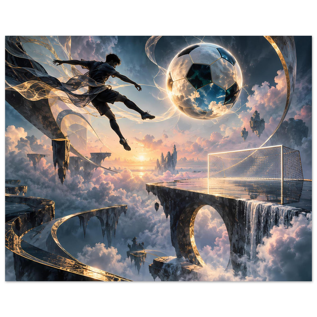 Querformat-Fußball-Poster mit leuchtendem Ball, fliegendem Spieler, Tor im Hintergrund und Fantasy-Himmel.