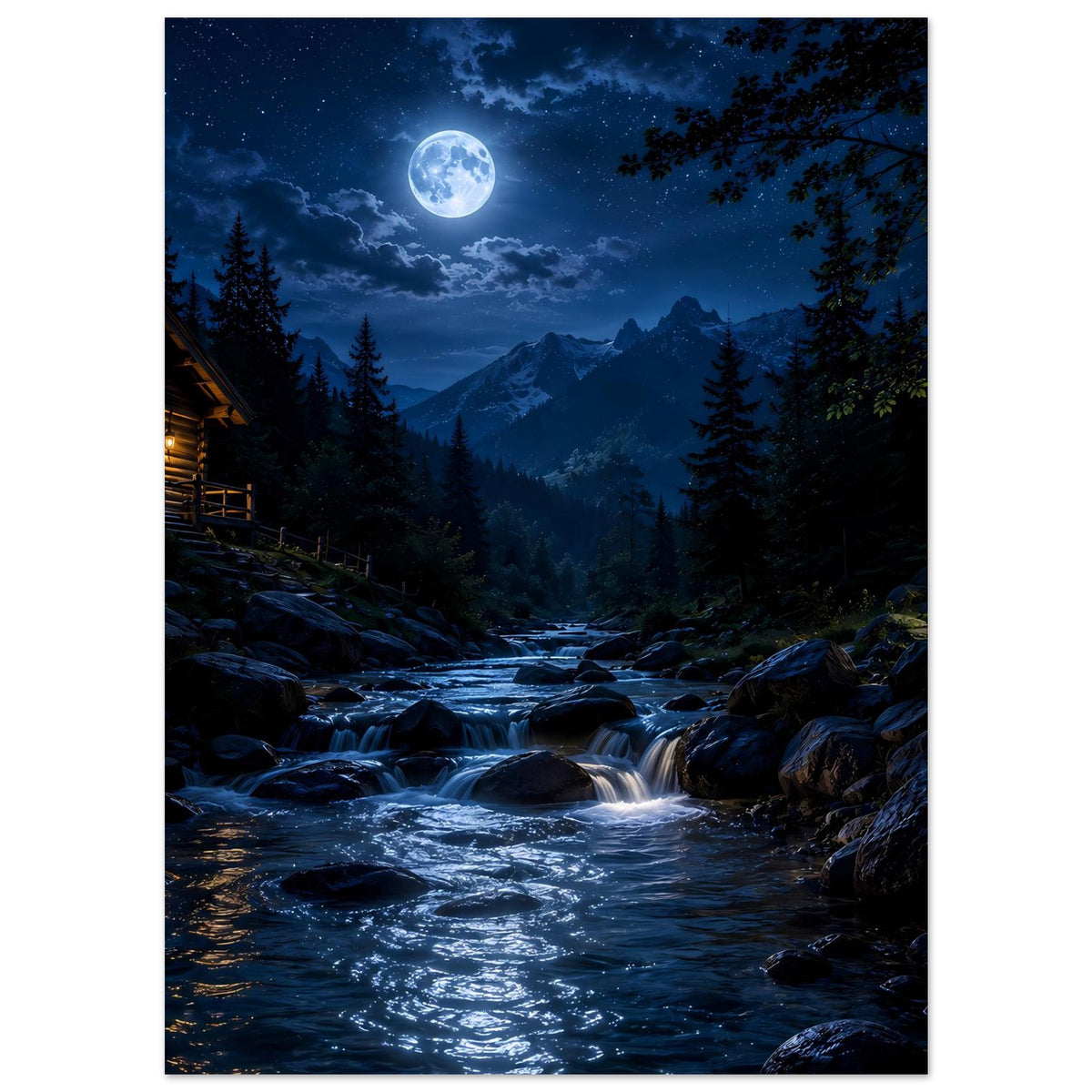 Vertikales Poster: Mondschein über Bergwald, Gebirgsbach und beleuchtete Hütte