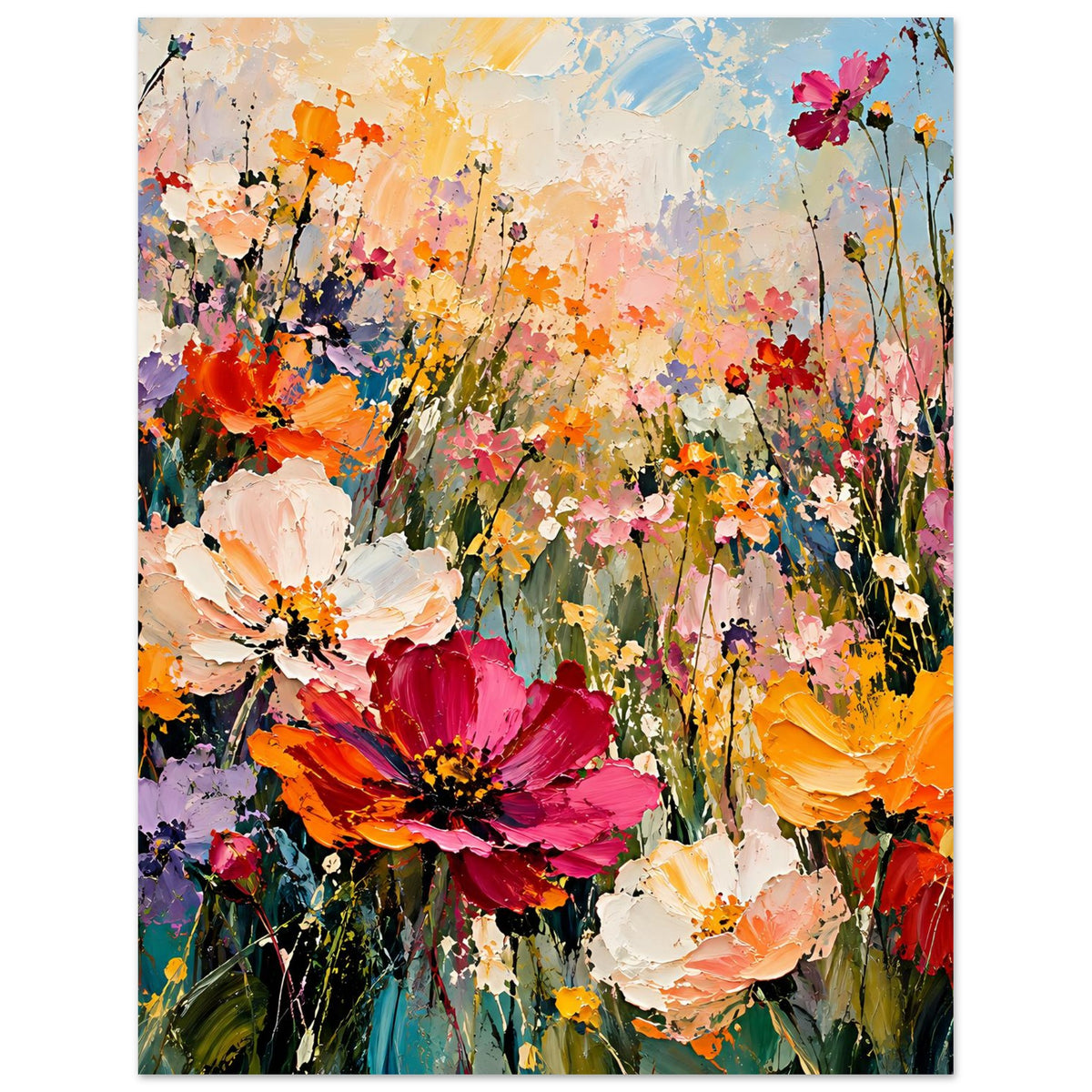 Blumenposter im Hochformat mit bunten abstrakten Blüten und grün gemalten Stielen