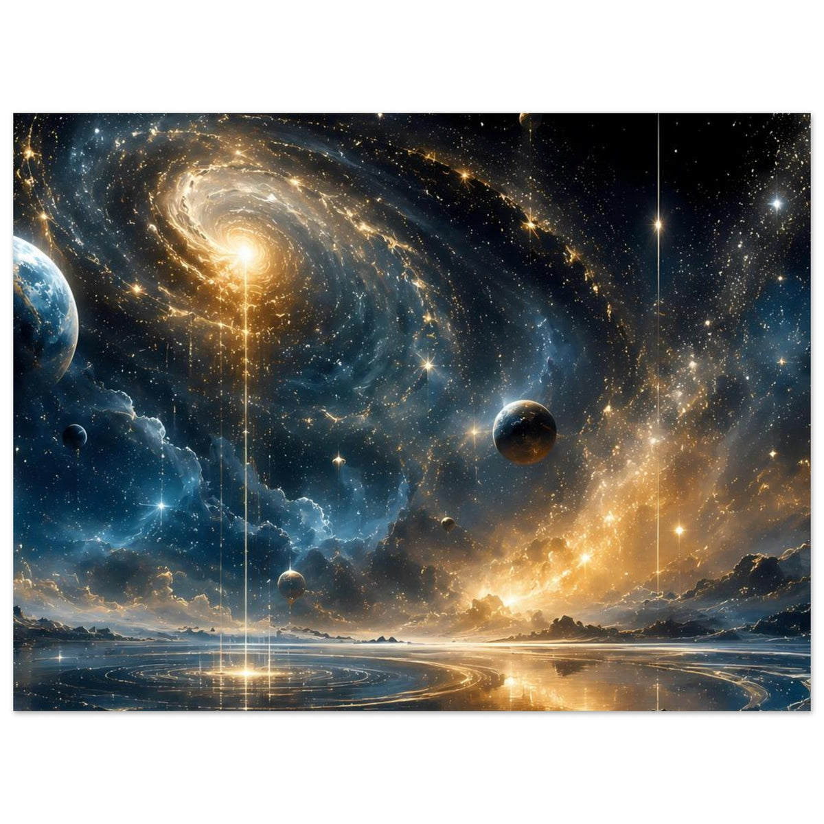 Weltraum-Poster mit Spiralgalaxie, Planeten, Sternen und goldener Lichtspur am Boden