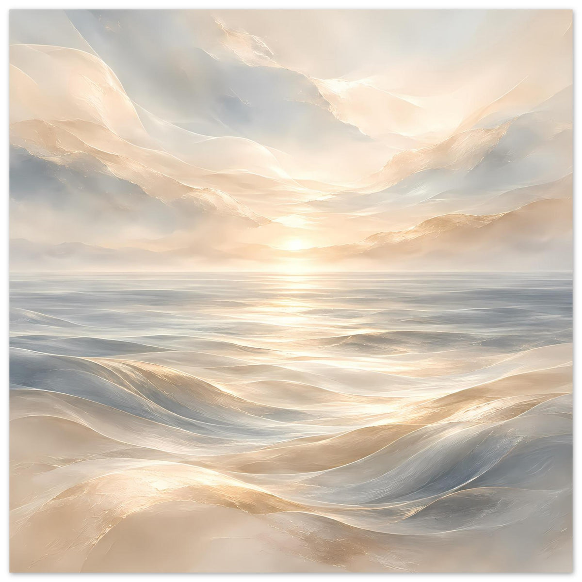 Ozeanwellen-Poster mit Sonnenaufgang über ruhigem Meer, weiche Beige- und Grauabstufungen, vertikal