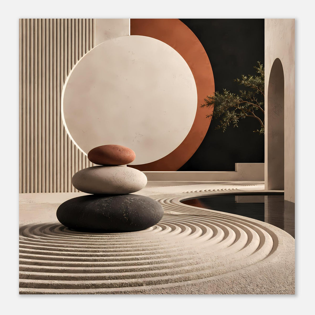 Minimalistisches Kunstposter: runder Kreis in Creme, Terrakotta-Rand, Steine auf sandigen Rillen