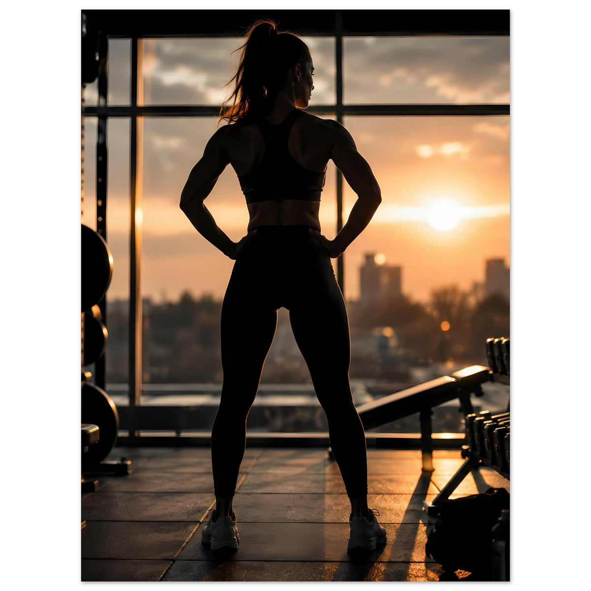 Fitness-Poster: Sportlerin-Silhouette mit Händen an der Taille, Fitnessstudio-Setting