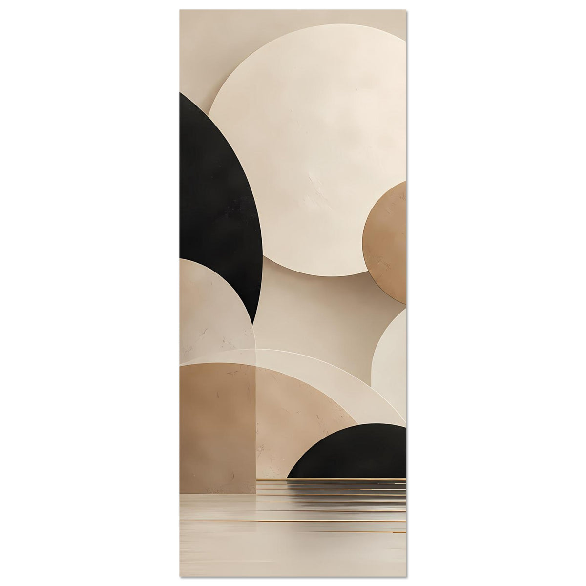 Vertikales Kunstposter mit großen Bögen, Kreisausschnitten und goldenen Linien in Beige/Braun