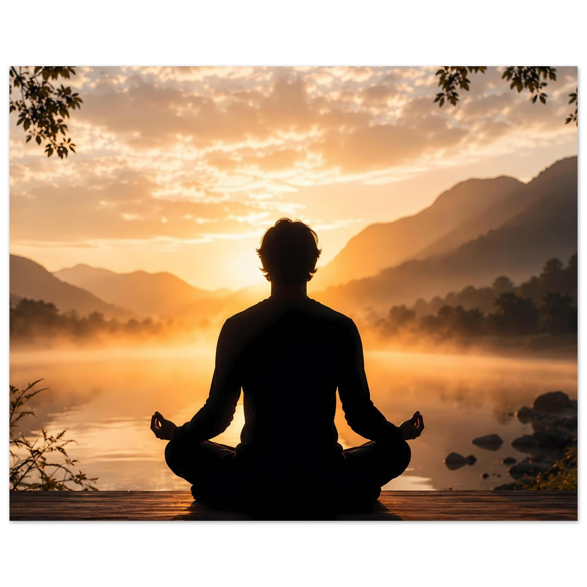 Zen-Meditationsposter: Rückenansicht der Silhouette, aufgehende Sonne über Bergen.