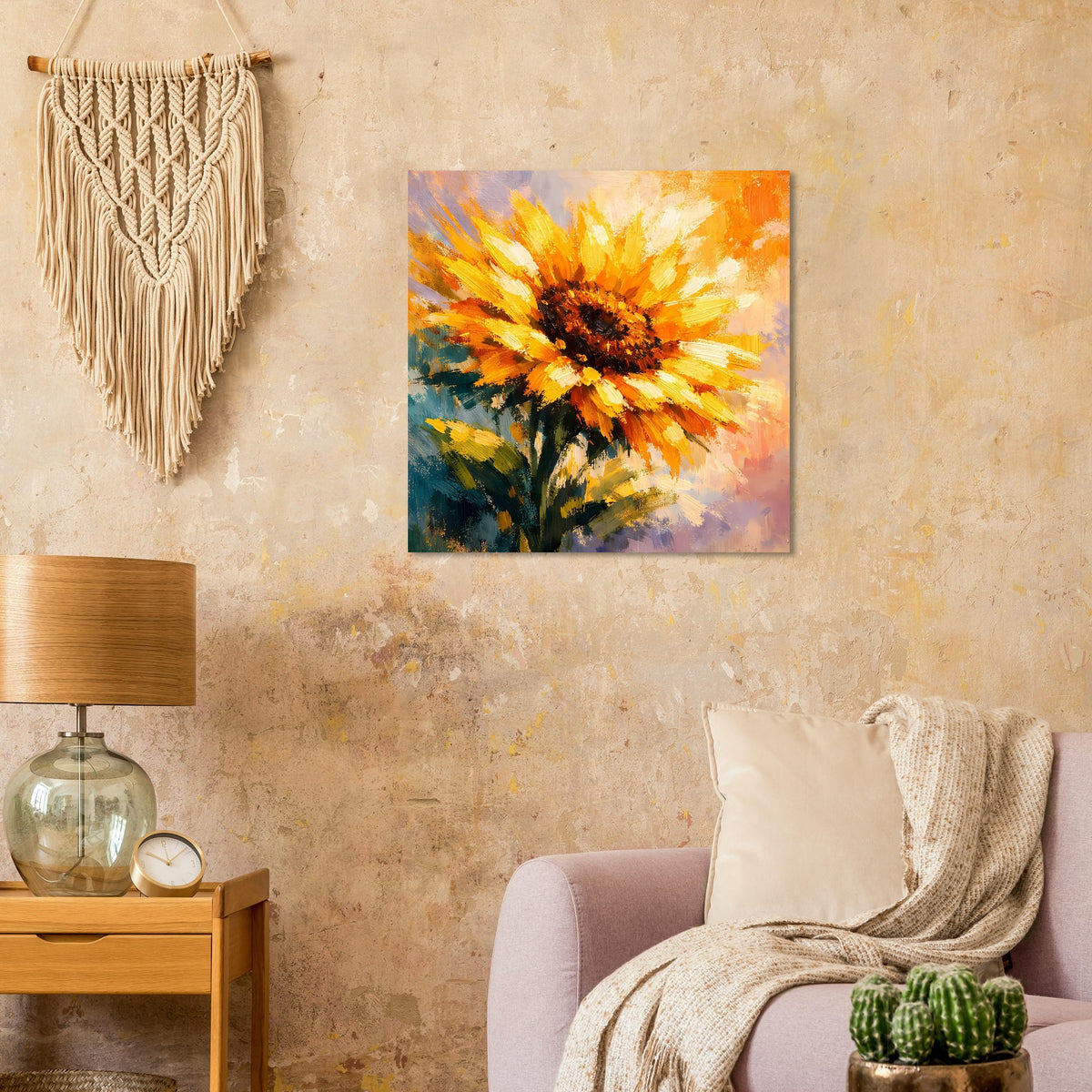 Sonnenblumen-Poster in warmen Orange- und Gelbtönen, abstrakte Pinselstriche und Farbfelder.