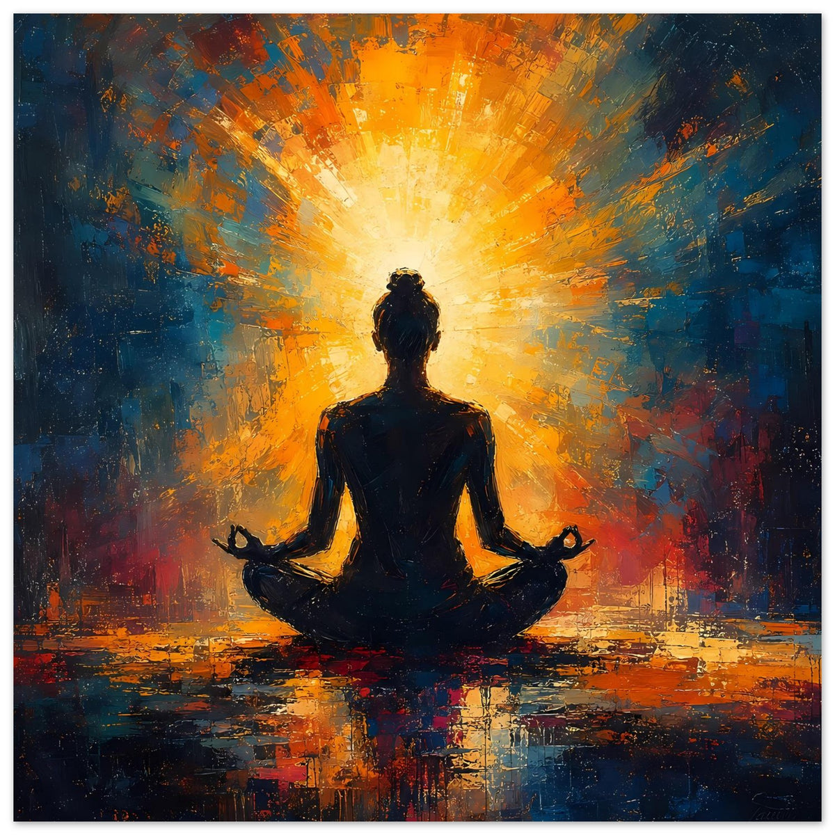 Poster im Querformat, Meditationsfigur zentriert, leuchtender Sonneffekt, kräftige Blau-Orange-Töne