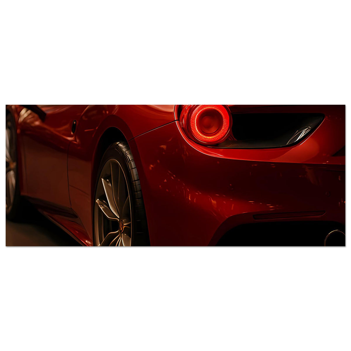 Rotes Sportwagen-Poster als Querformat, Detail von Rücklicht und Alufelge