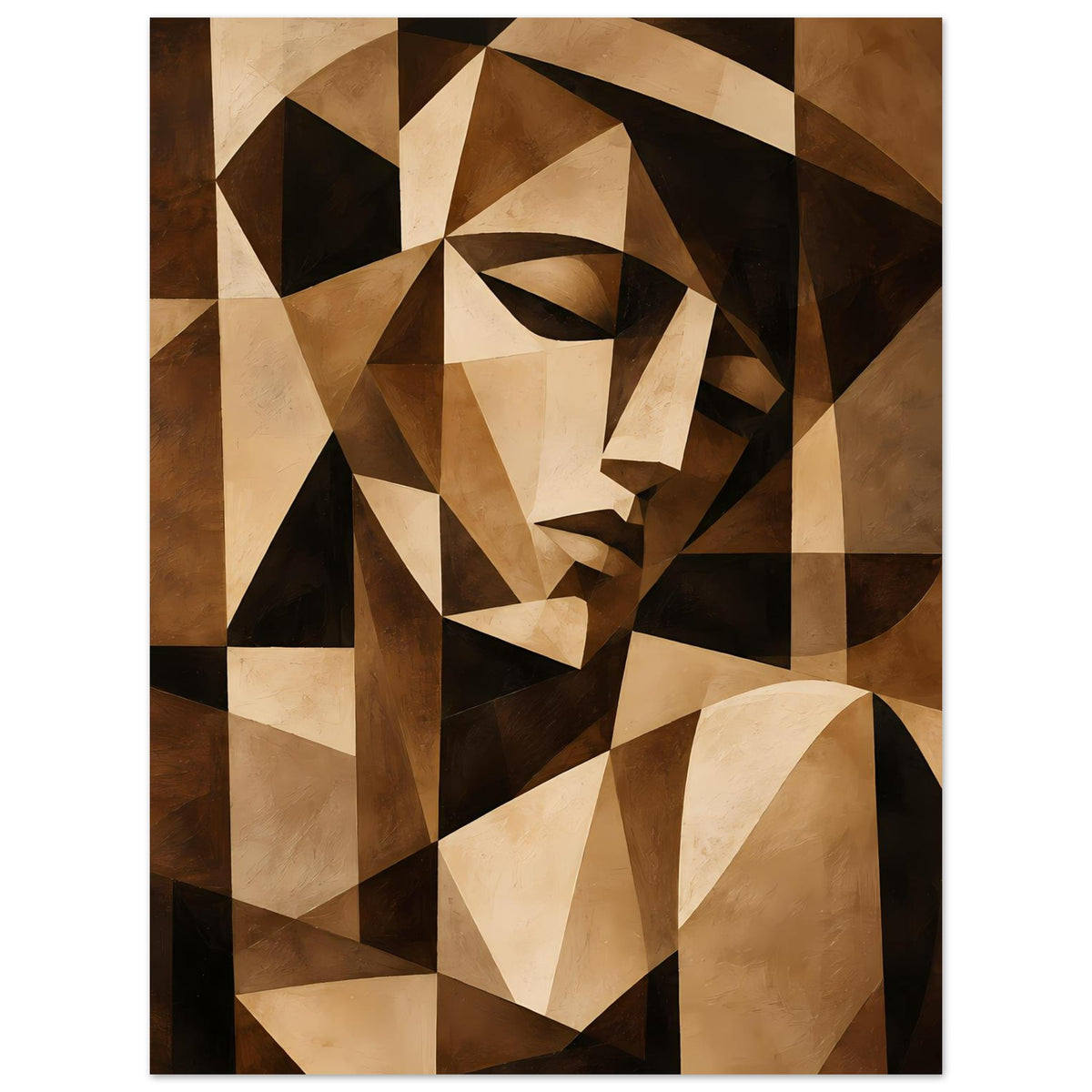 Abstraktes Kunstposter mit kubistischen Formen in Braun, Beige und Schwarz – Porträtstil