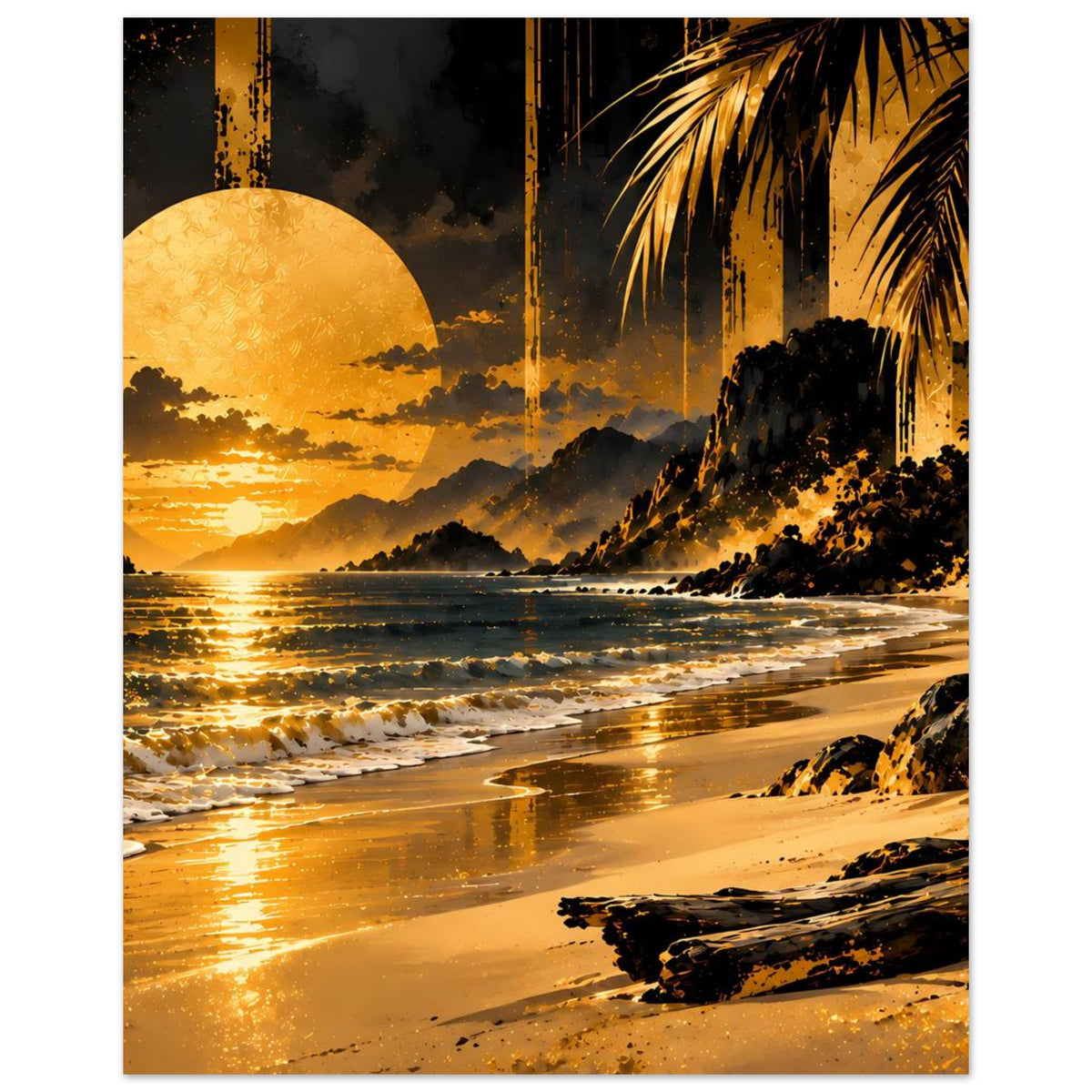 Poster mit tropischem Strand-Sonnenuntergang: goldener Himmel, Meer, Sand und Palmen