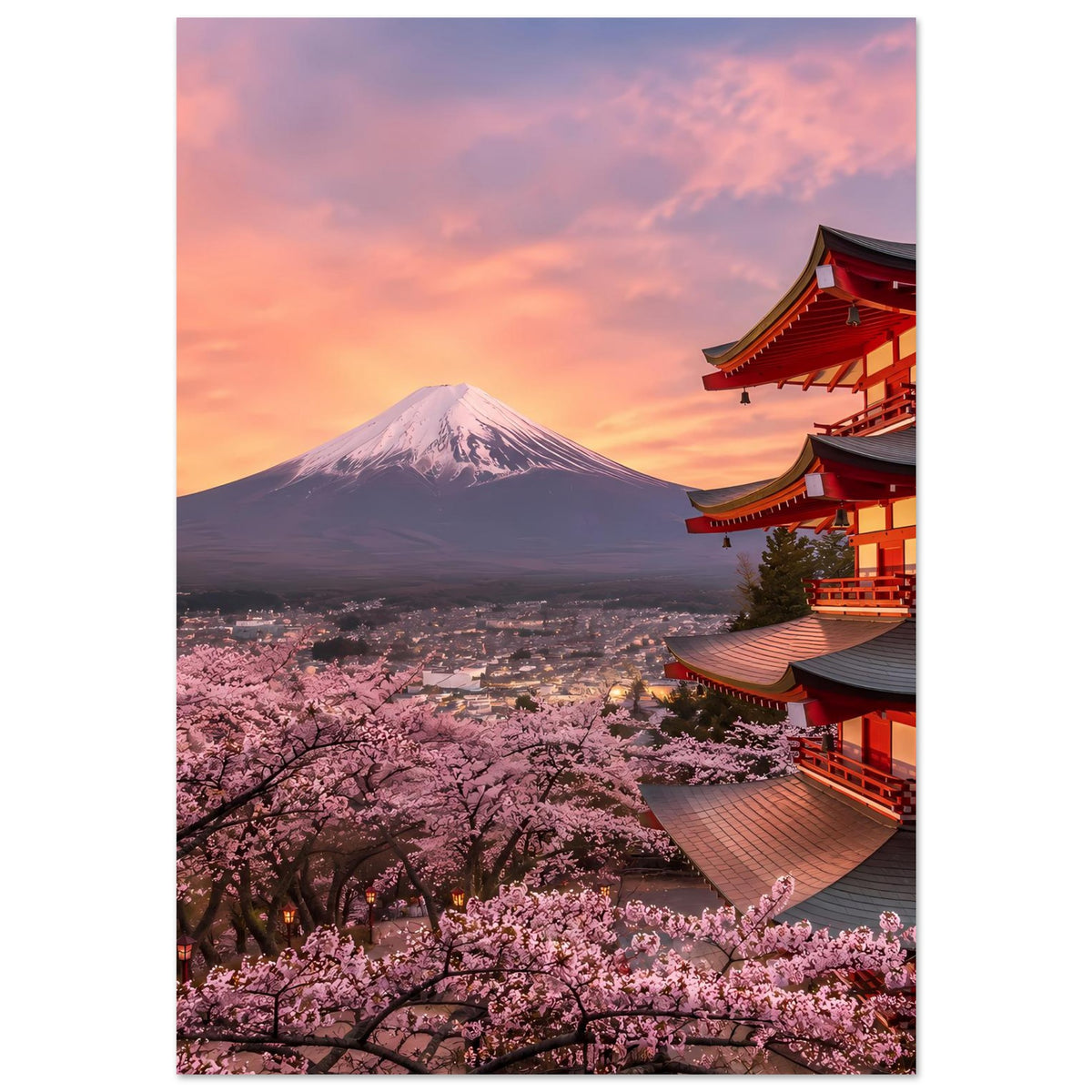 Poster mit Fuji-Panorama, pinken Kirschbäumen und rotem Tempelgebäude am Rand