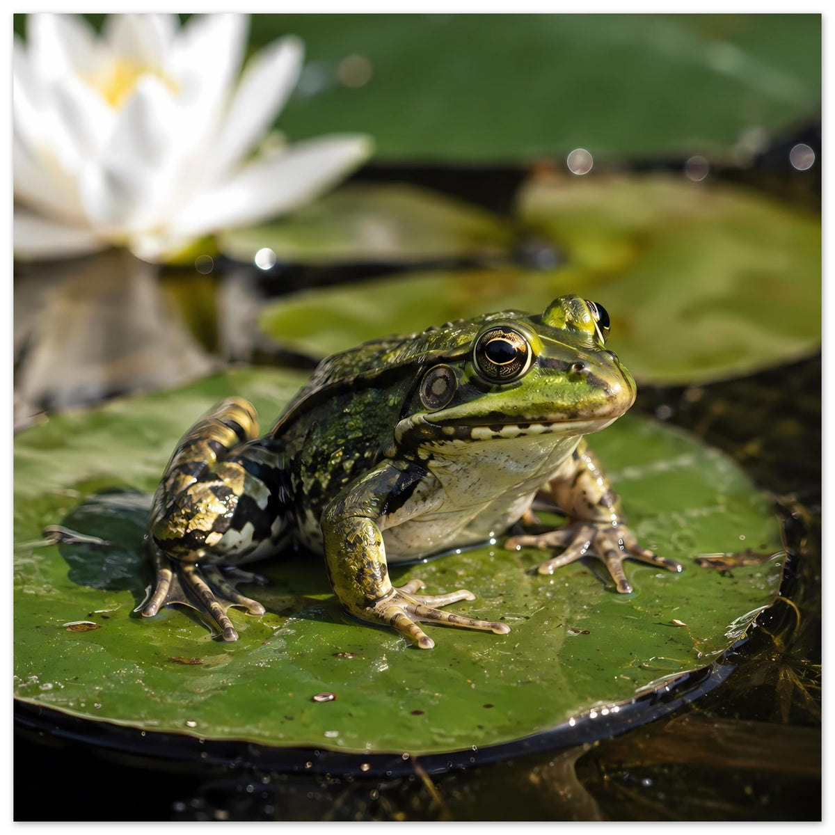 Poster mit grün-schwarzem Frosch auf Seerosenblatt, sitzend zwischen Wasserpflanzen im Querformat.