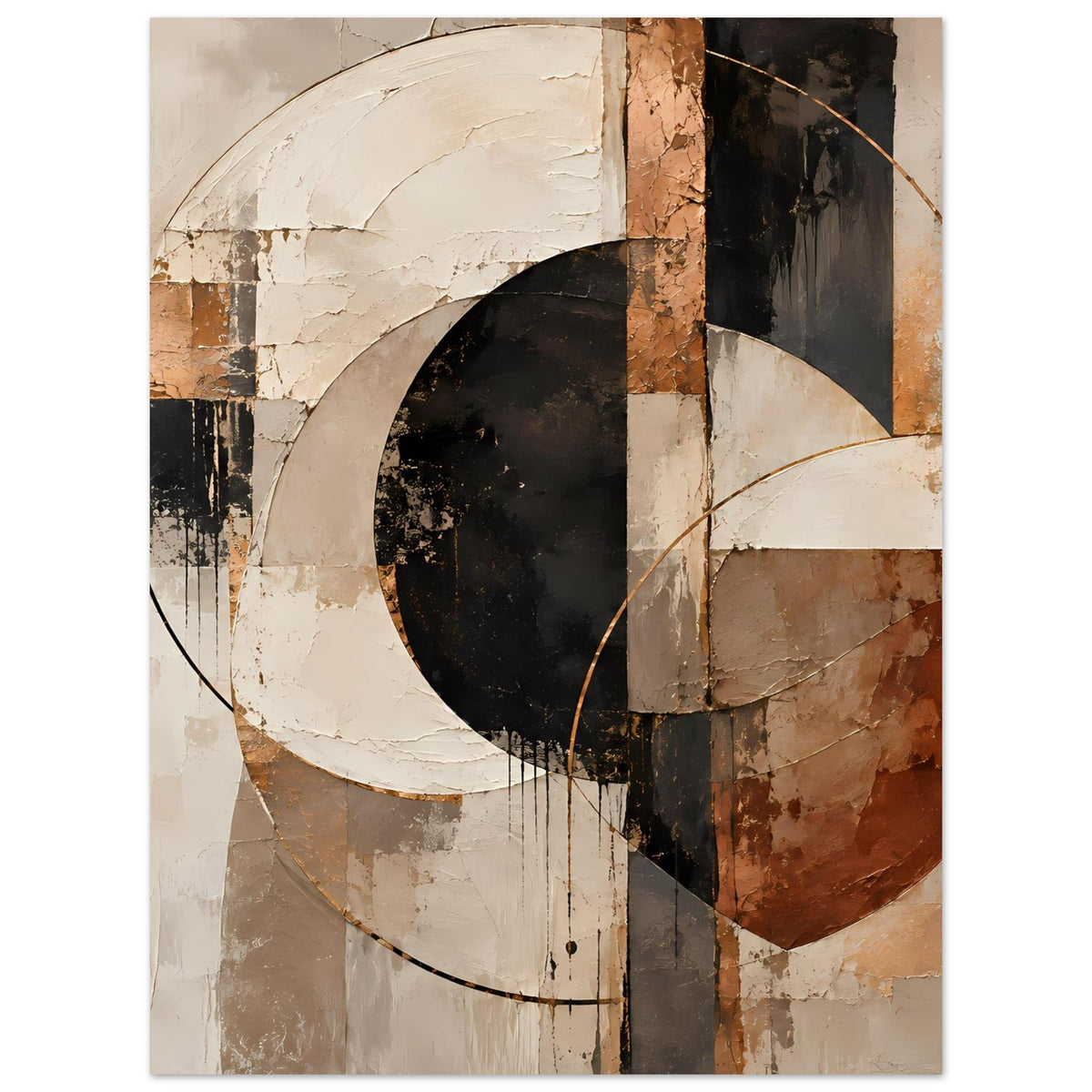 Abstraktes Poster mit großen Bogen-Elementen, Rostbraunem und Schwarzem Akzent auf Beige.